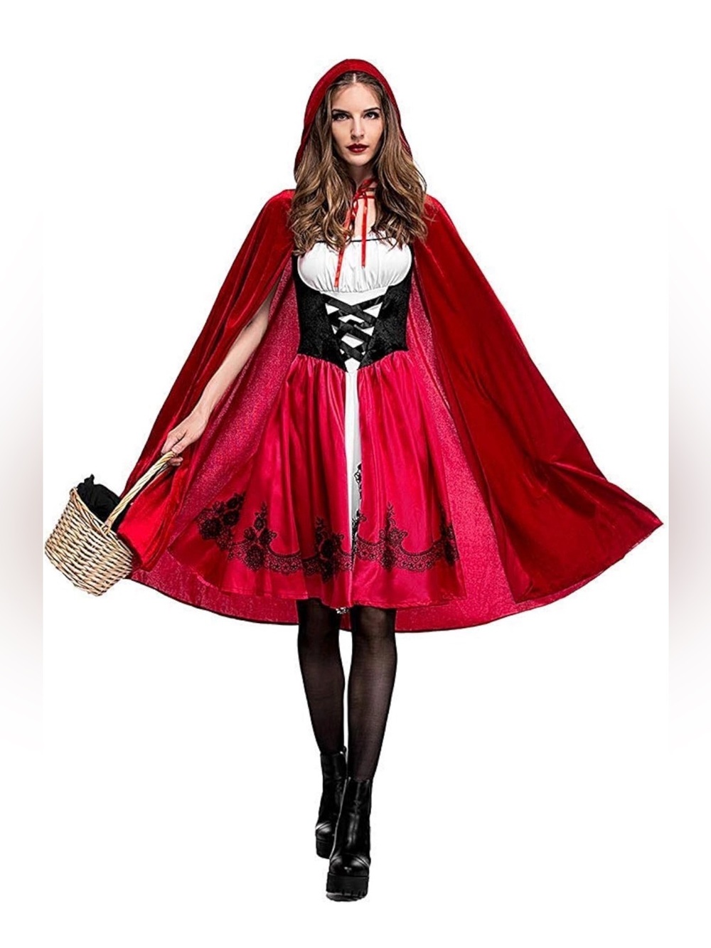 Women Little Red Riding Hood Costume Christmas Halloween Party Dress with Cape